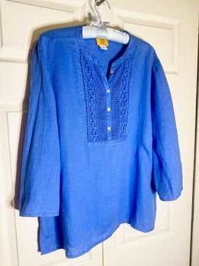 RUBY RD Royal Blue Linen Tunic Top Crochet 1/2 Button size L NWOT